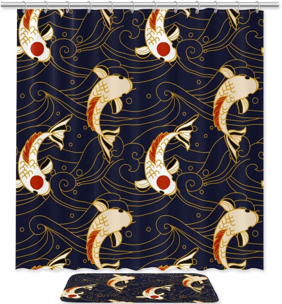 Japanese Style Pattern Fabric Shower Curtain Liner with Koi Fish and Waves, Elegant Bathroom Decor