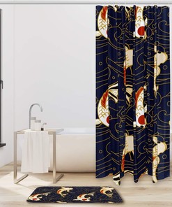 Japanese Style Pattern Fabric Shower Curtain Liner with Koi Fish and Waves, Elegant Bathroom Decor