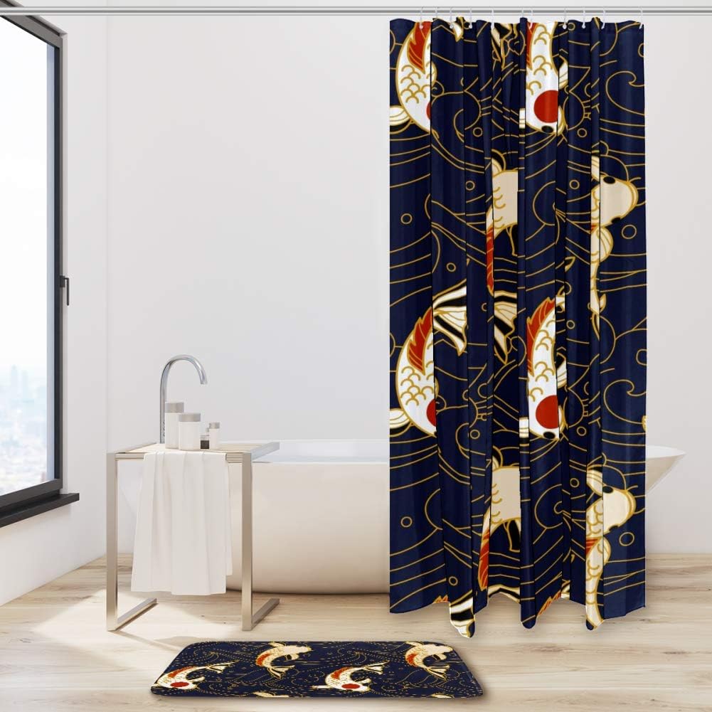 Japanese Style Pattern Fabric Shower Curtain Liner with Koi Fish and Waves, Elegant Bathroom Decor