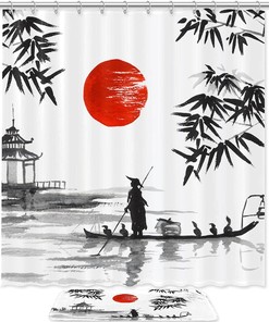 Japanese Ukiyo E Koi Fish Shower Curtain with Lotus Floral Design for Kids and Women Bathroom Decor