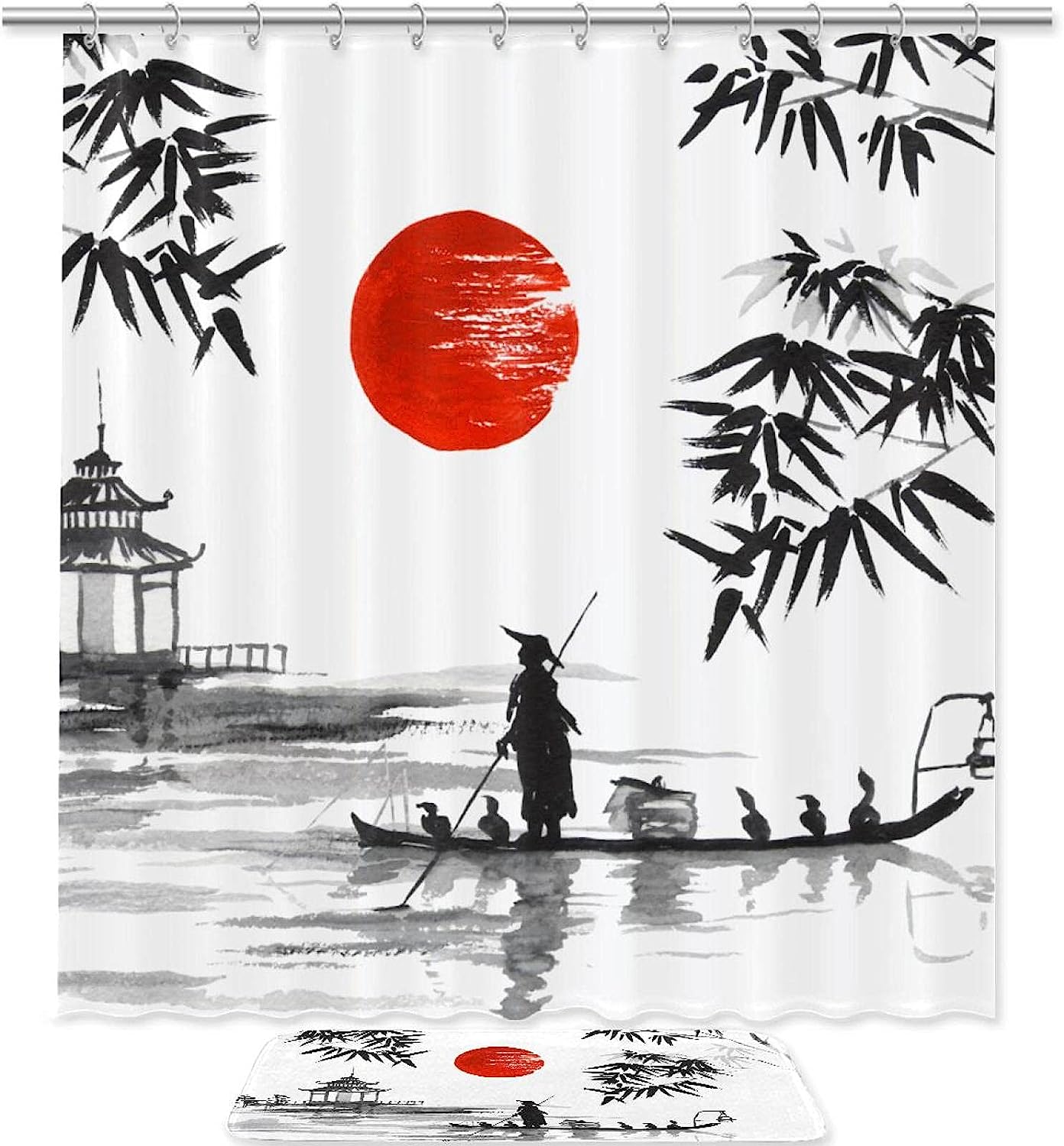 Japanese Ukiyo E Koi Fish Shower Curtain with Lotus Floral Design for Kids and Women Bathroom Decor