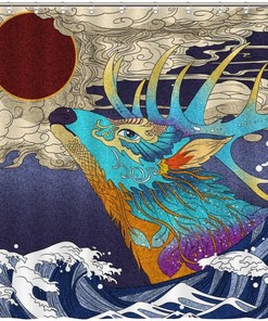 Japanese Wave and Deer Shower Curtain for Cultural Bathroom Decor