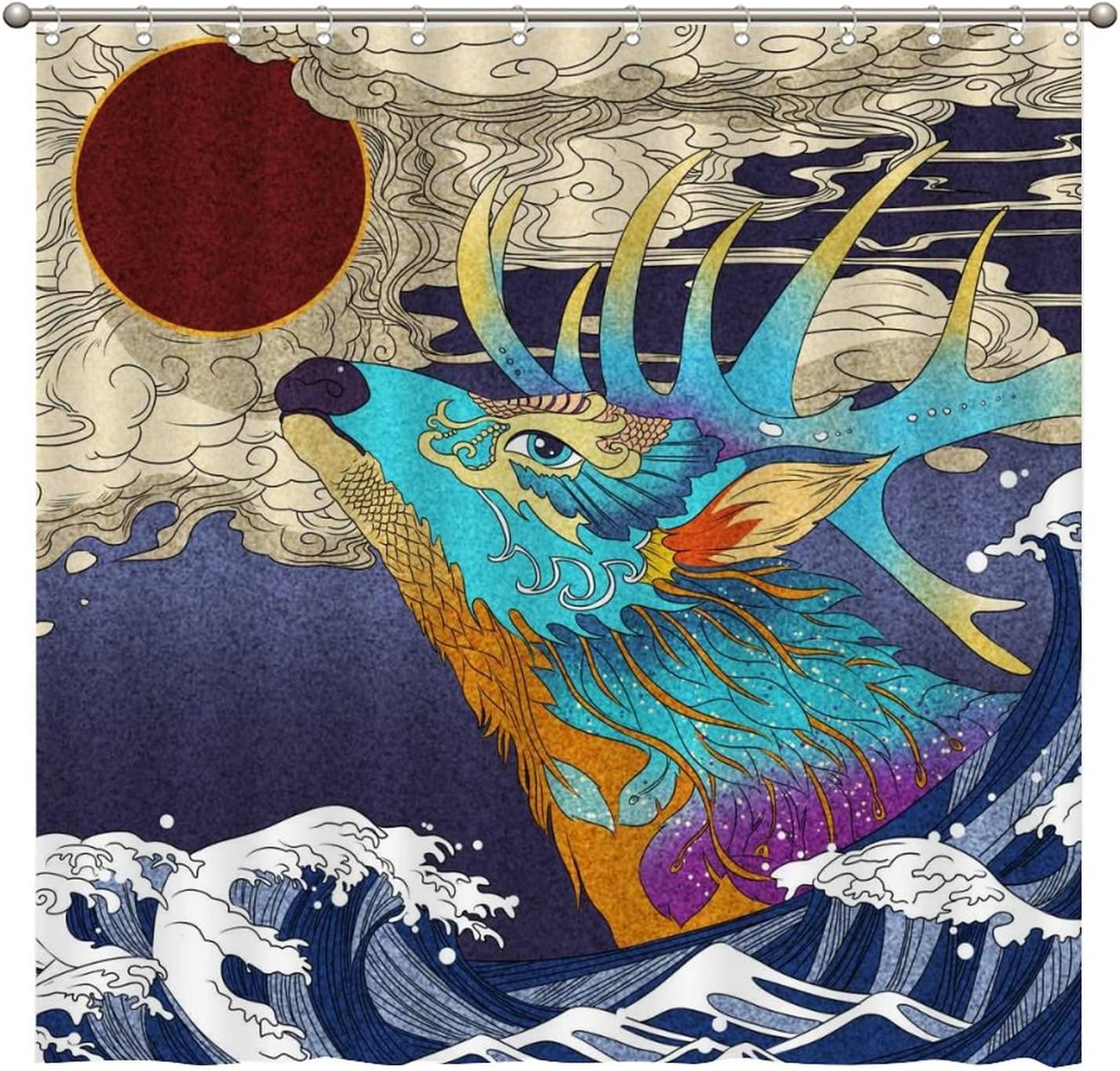Japanese Wave and Deer Shower Curtain for Cultural Bathroom Decor