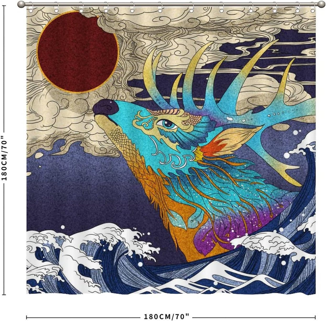 Japanese Wave and Deer Shower Curtain for Cultural Bathroom Decor