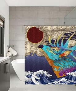 Japanese Wave and Deer Shower Curtain for Cultural Bathroom Decor