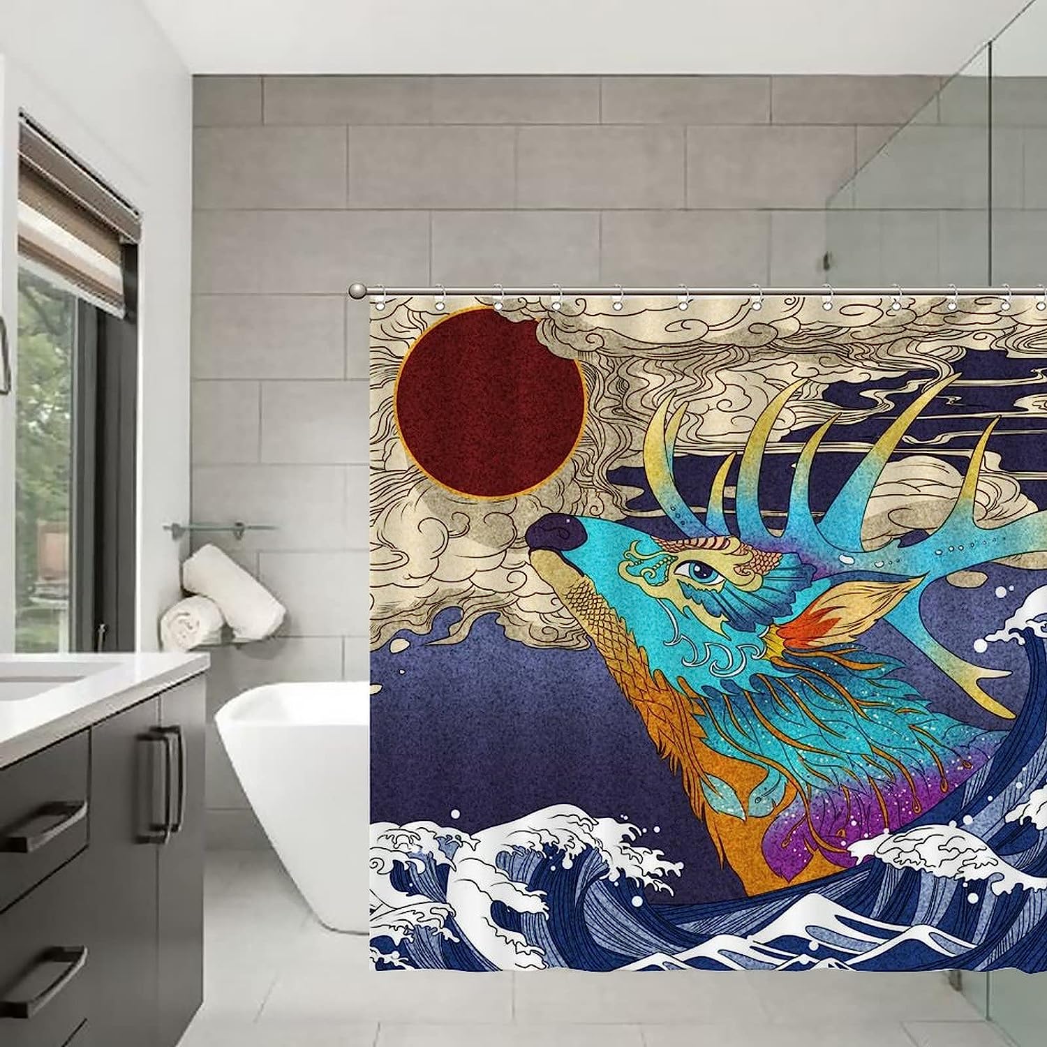 Japanese Wave and Deer Shower Curtain for Cultural Bathroom Decor