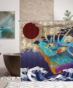 Japanese Wave and Deer Shower Curtain for Cultural Bathroom Decor