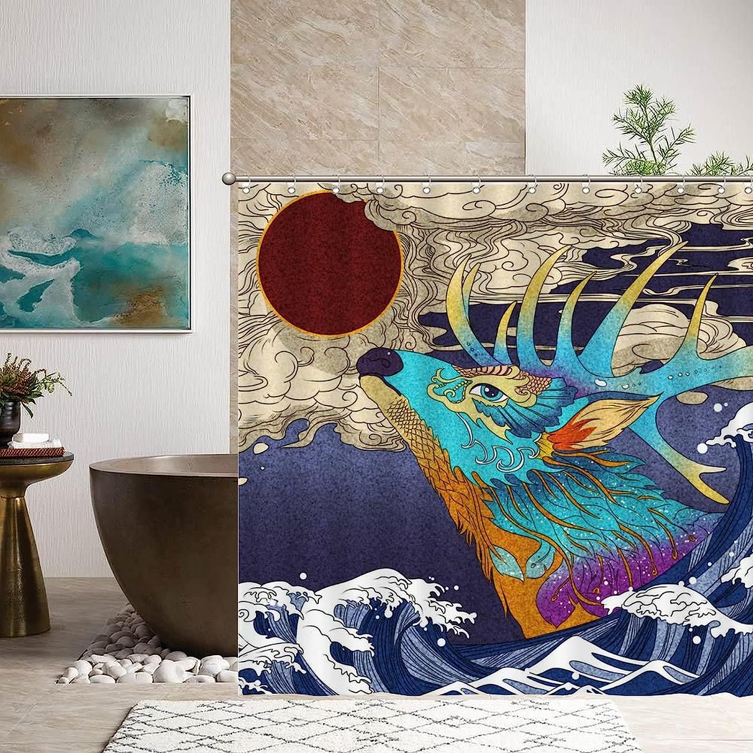 Japanese Wave and Deer Shower Curtain for Cultural Bathroom Decor