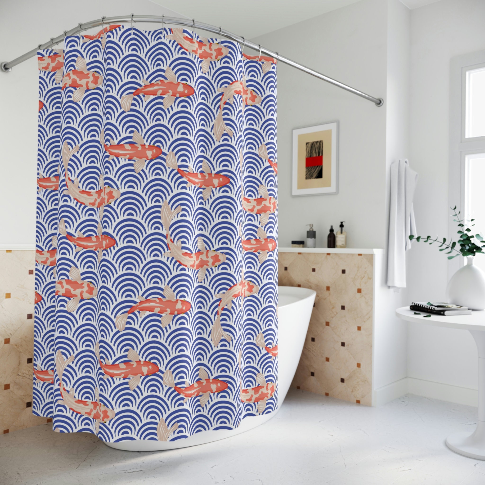 Japanese Wave and Koi Fish Shower Curtain with Unique Design for Bathroom Decor