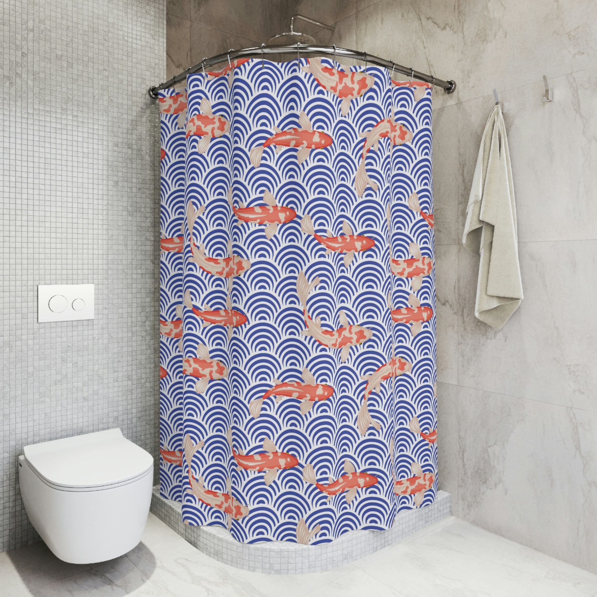 Japanese Wave and Koi Fish Shower Curtain with Unique Design for Bathroom Decor