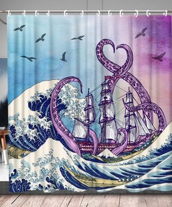 Japanese Waves Sailboat Pirate Decors Bathroom Fabric Octopus Tentacle Shower Curtain