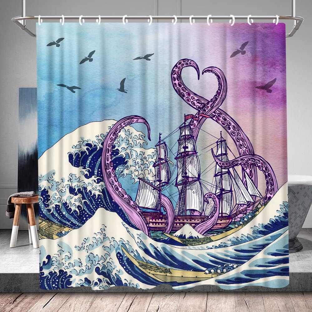 Japanese Waves Sailboat Pirate Decors Bathroom Fabric Octopus Tentacle Shower Curtain