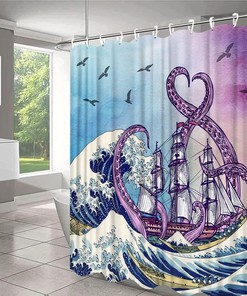 Japanese Waves Sailboat Pirate Decors Bathroom Fabric Octopus Tentacle Shower Curtain