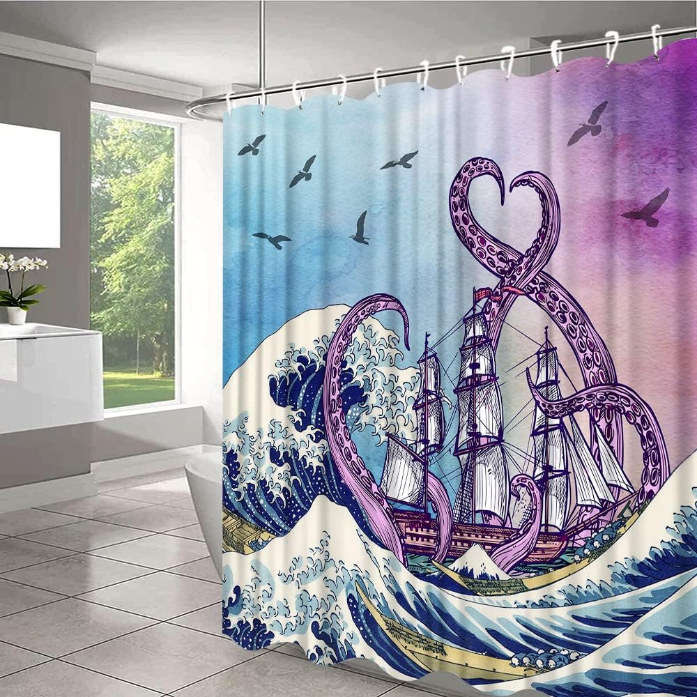 Japanese Waves Sailboat Pirate Decors Bathroom Fabric Octopus Tentacle Shower Curtain