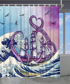 Japanese Waves Sailboat Pirate Decors Bathroom Fabric Octopus Tentacle Shower Curtain