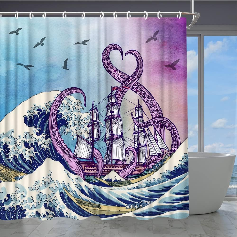 Japanese Waves Sailboat Pirate Decors Bathroom Fabric Octopus Tentacle Shower Curtain