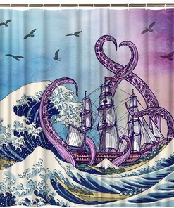 Japanese Waves Sailboat Pirate Decors Bathroom Fabric Octopus Tentacle Shower Curtain