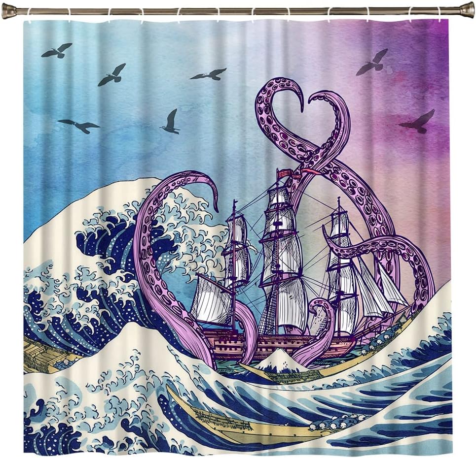 Japanese Waves Sailboat Pirate Decors Bathroom Fabric Octopus Tentacle Shower Curtain