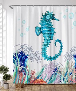 Japanese Waves Seahorse Shower Curtain with Ocean Animal and Corals for Nautical Bathroom Decor