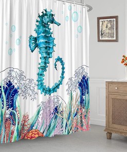 Japanese Waves Seahorse Shower Curtain with Ocean Animal and Corals for Nautical Bathroom Decor
