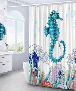 Japanese Waves Seahorse Shower Curtain with Ocean Animal and Corals for Nautical Bathroom Decor