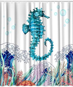 Japanese Waves Seahorse Shower Curtain with Ocean Animal and Corals for Nautical Bathroom Decor