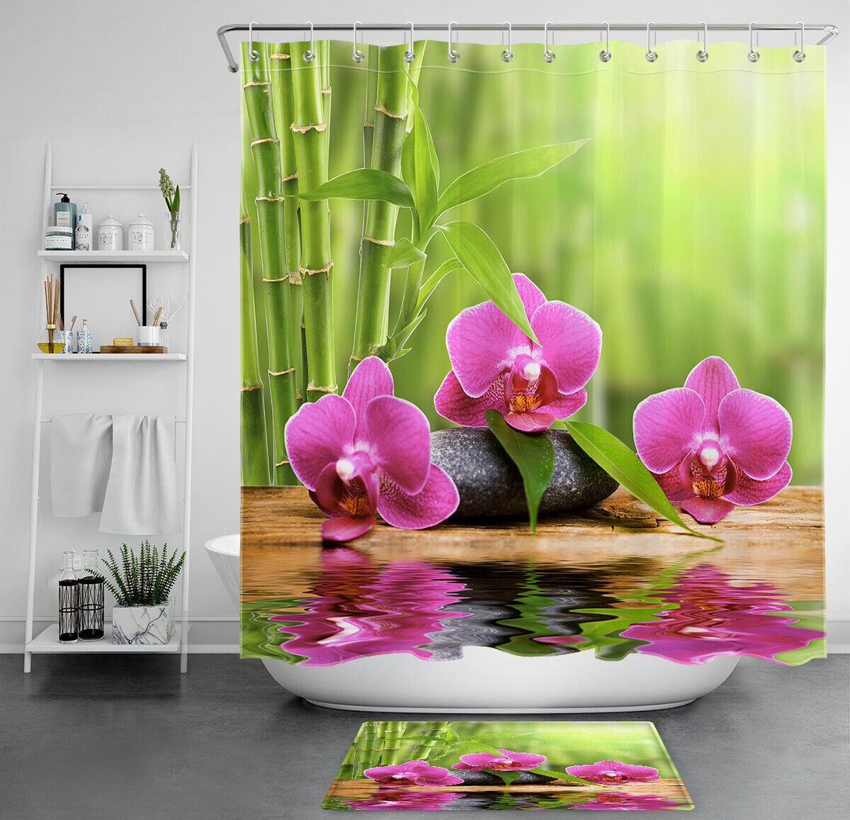 Japanese Zen Stone Water Reflective Waterproof Fabric Shower Curtain for a Tranquil Bathroom