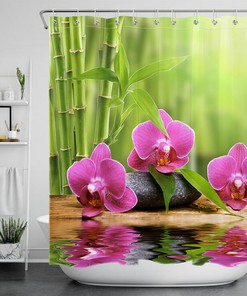 Japanese Zen Stone Water Reflective Waterproof Fabric Shower Curtain for a Tranquil Bathroom