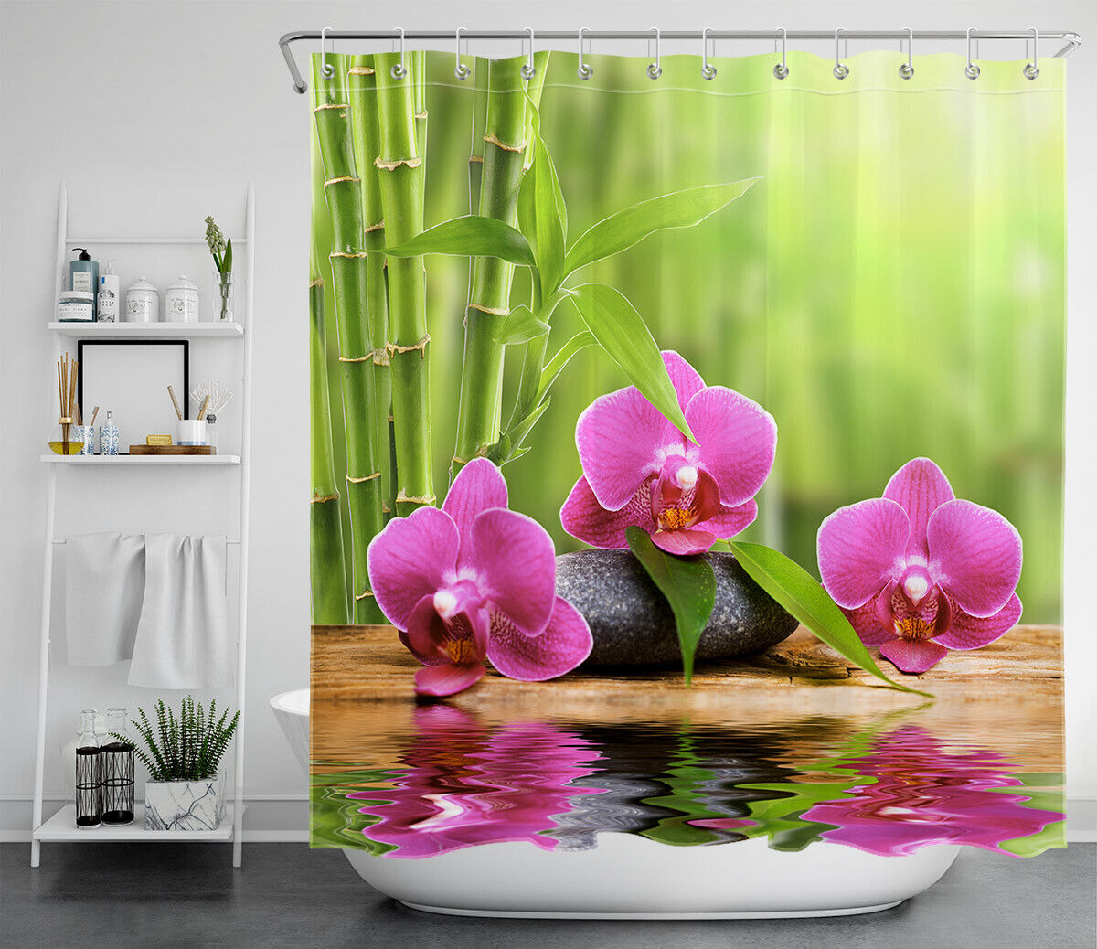 Japanese Zen Stone Water Reflective Waterproof Fabric Shower Curtain for a Tranquil Bathroom