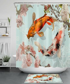 Japanese-Style Koi Pink White Cherry Blossoms Shower Curtain for Bathroom Decor