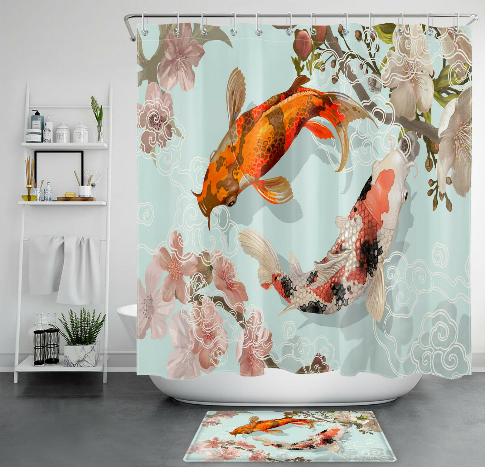 Japanese-Style Koi Pink White Cherry Blossoms Shower Curtain for Bathroom Decor
