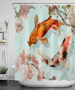 Japanese-Style Koi Pink White Cherry Blossoms Shower Curtain for Bathroom Decor