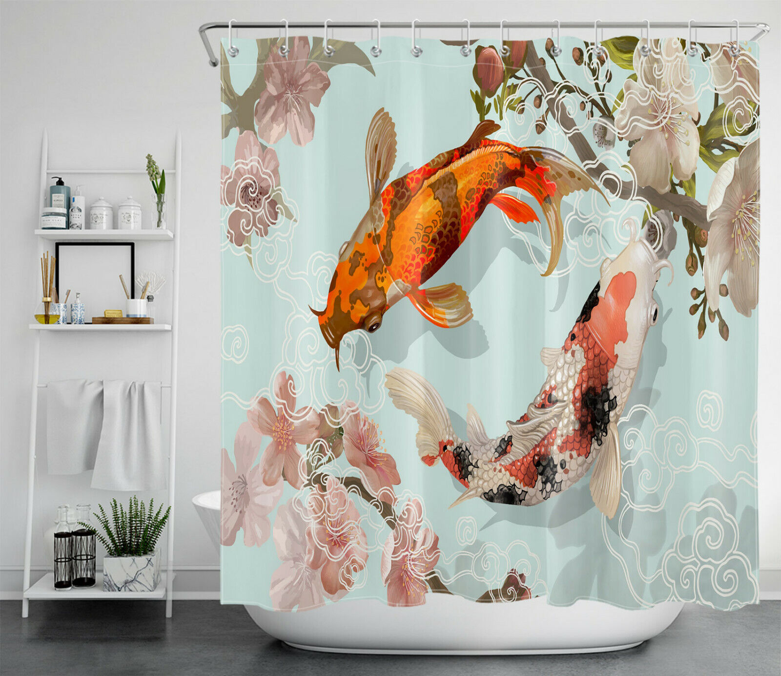 Japanese-Style Koi Pink White Cherry Blossoms Shower Curtain for Bathroom Decor