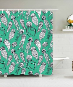 Jellyfish in the Ocean Shower Curtain with Beach Sea Coast Corals Underwater Green White Creature - Home Bathroom Decor