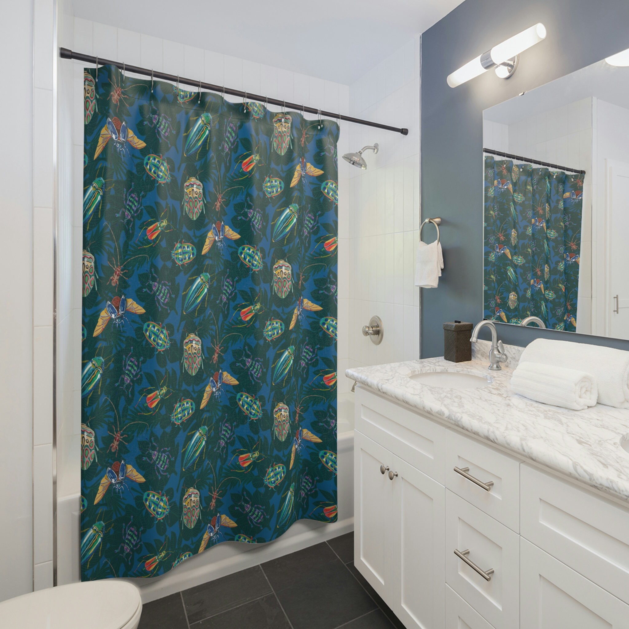 Jewel Tone Beetles and Bugs Decorative Shower Curtain - Entomology Bathroom Theme Set