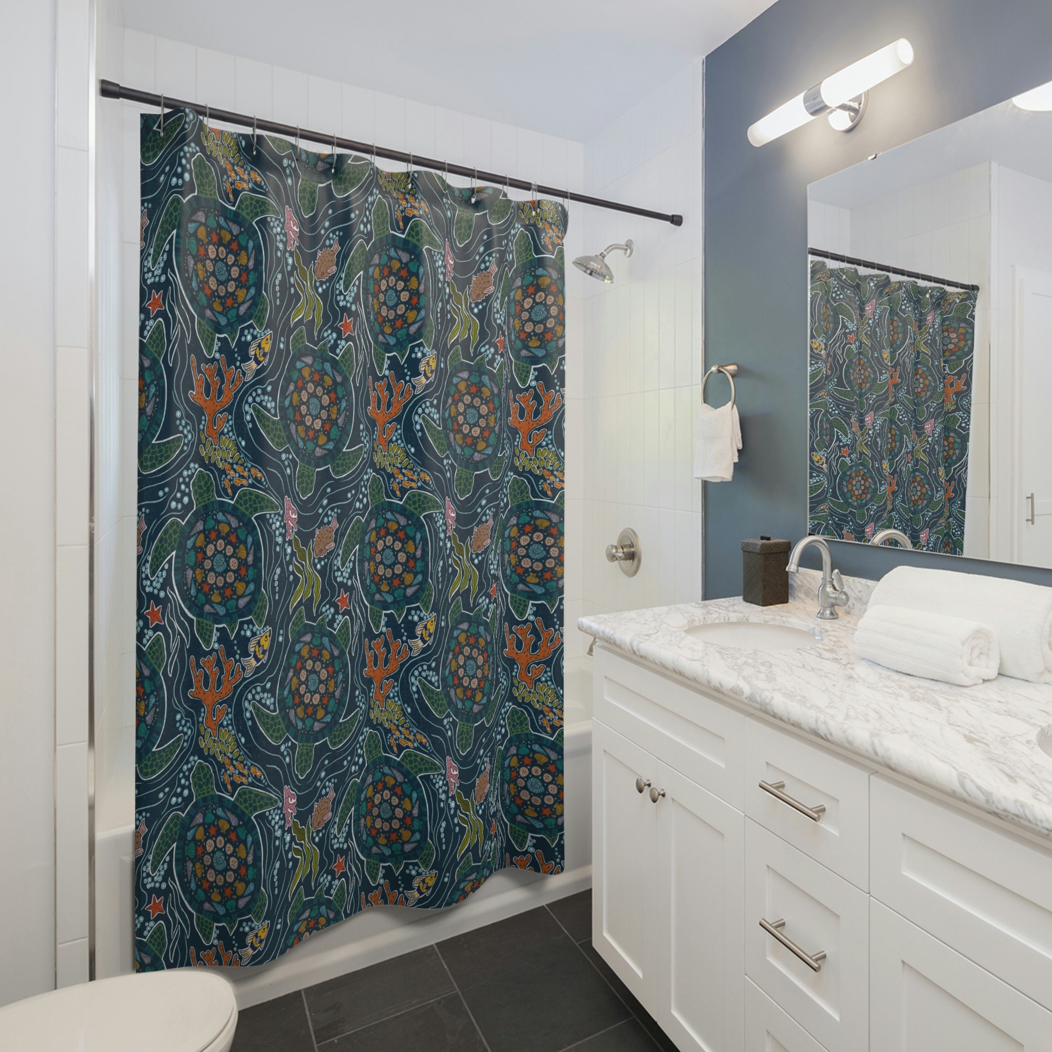 Jewel Toned Sea Turtle Shower Curtain for Bold Bathroom Decor