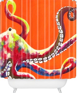 Jeweled Octopus On Tangerine Shower Curtain By Clara Nilles - A Bold Statement Piece For Your Bathroom