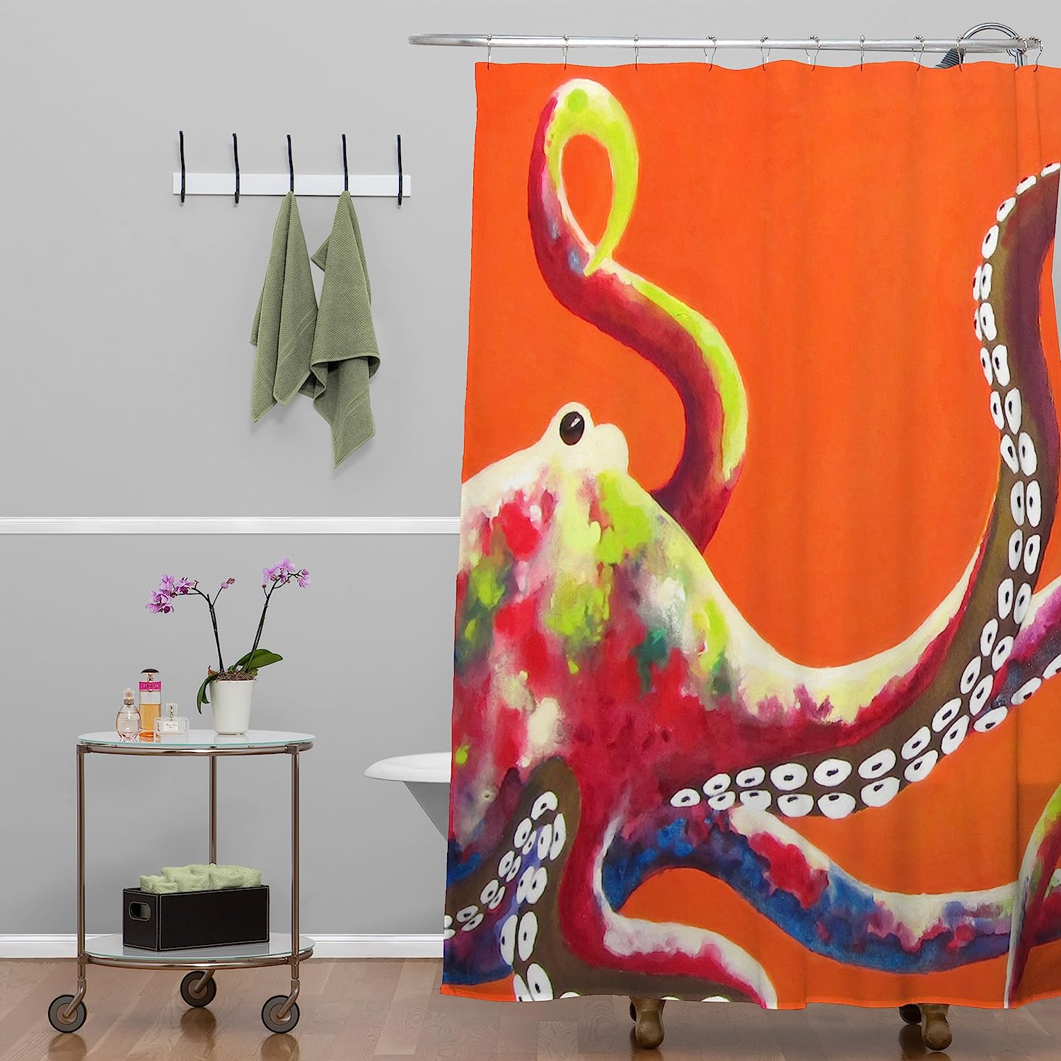Jeweled Octopus On Tangerine Shower Curtain By Clara Nilles - A Bold Statement Piece For Your Bathroom - Image 2