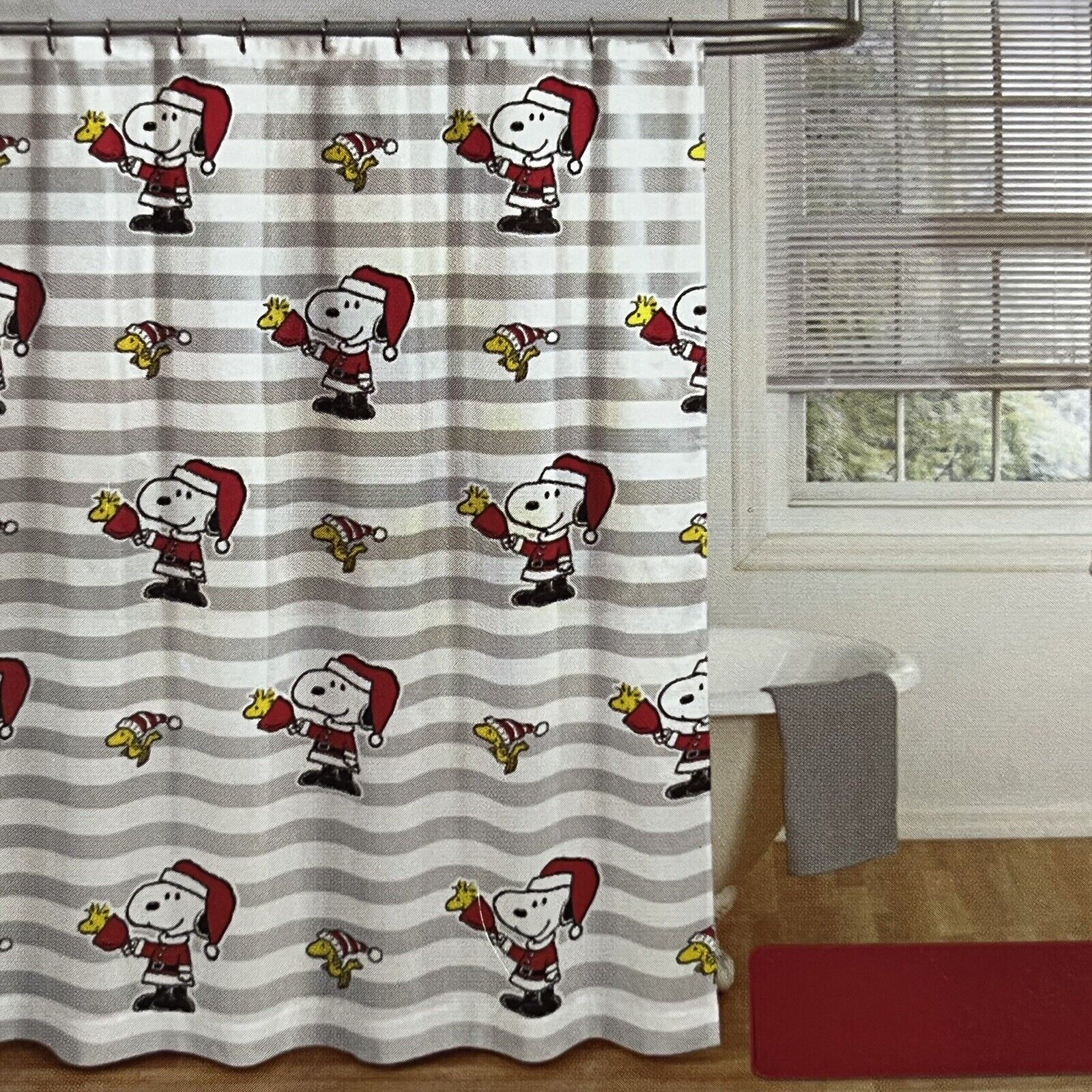 Jingle Bells Snoopy and Woodstock Shower Curtain Set - Festive Bathroom Decor