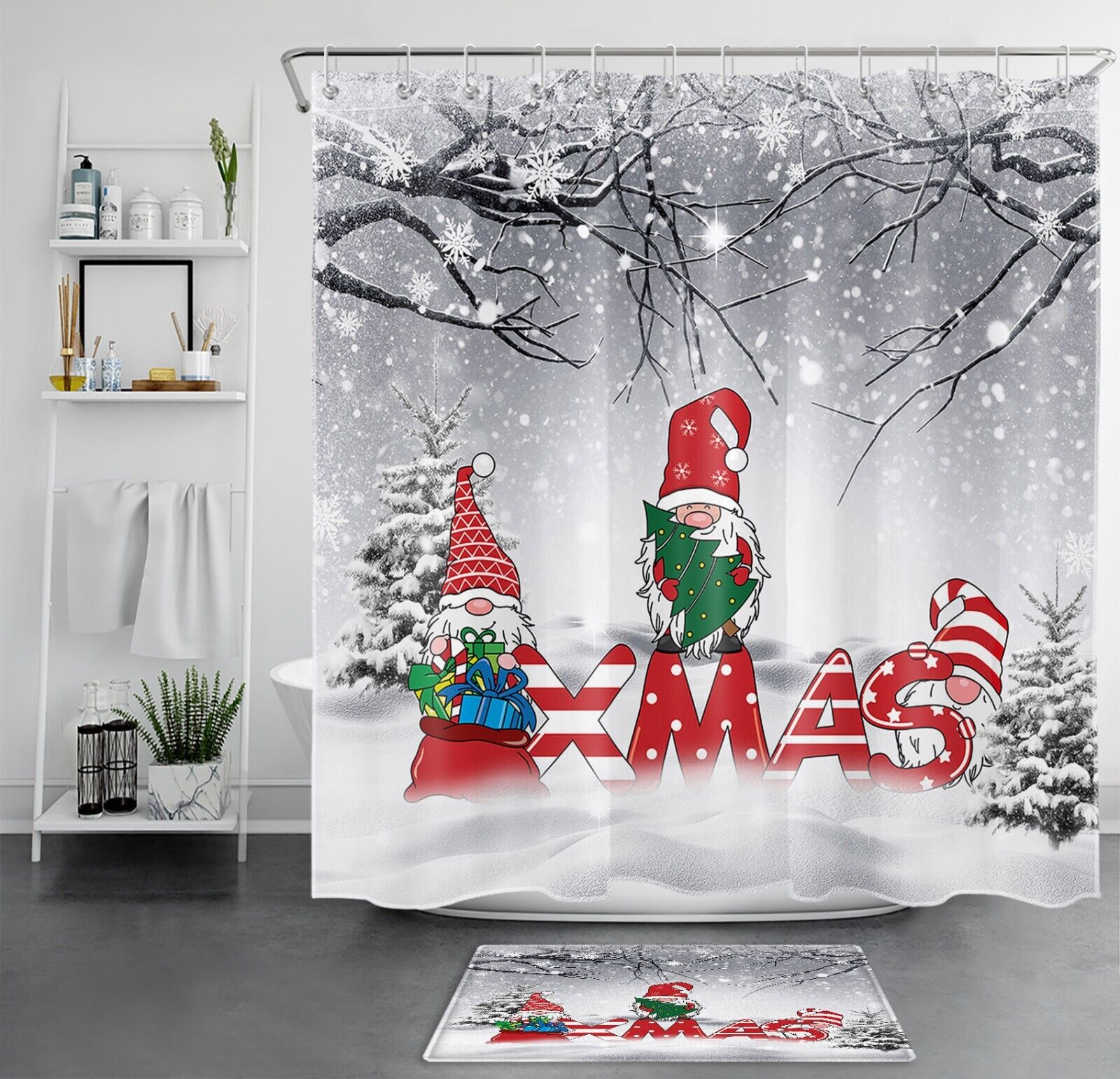 Jolly Gnome and Snowflake Merry Christmas Waterproof Bathroom Shower Curtain