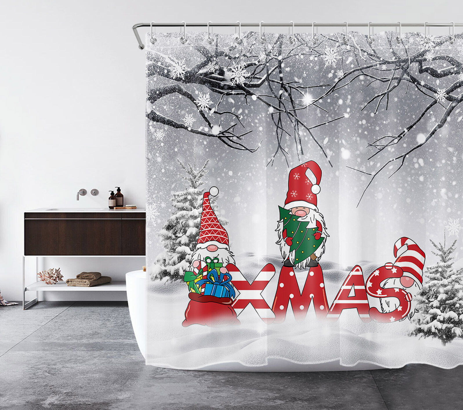 Jolly Gnome and Snowflake Merry Christmas Waterproof Bathroom Shower Curtain