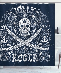 Jolly Roger Flag Print Skull Fabric Shower Curtain - Nautical Skull Bathroom Decor