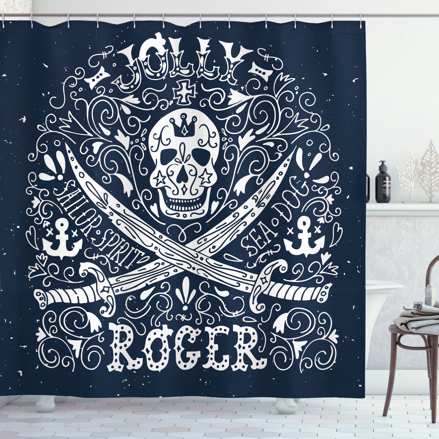 Jolly Roger Flag Print Skull Fabric Shower Curtain - Nautical Skull Bathroom Decor