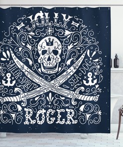 Jolly Roger Flag Print Skull Fabric Shower Curtain - Nautical Skull Bathroom Decor