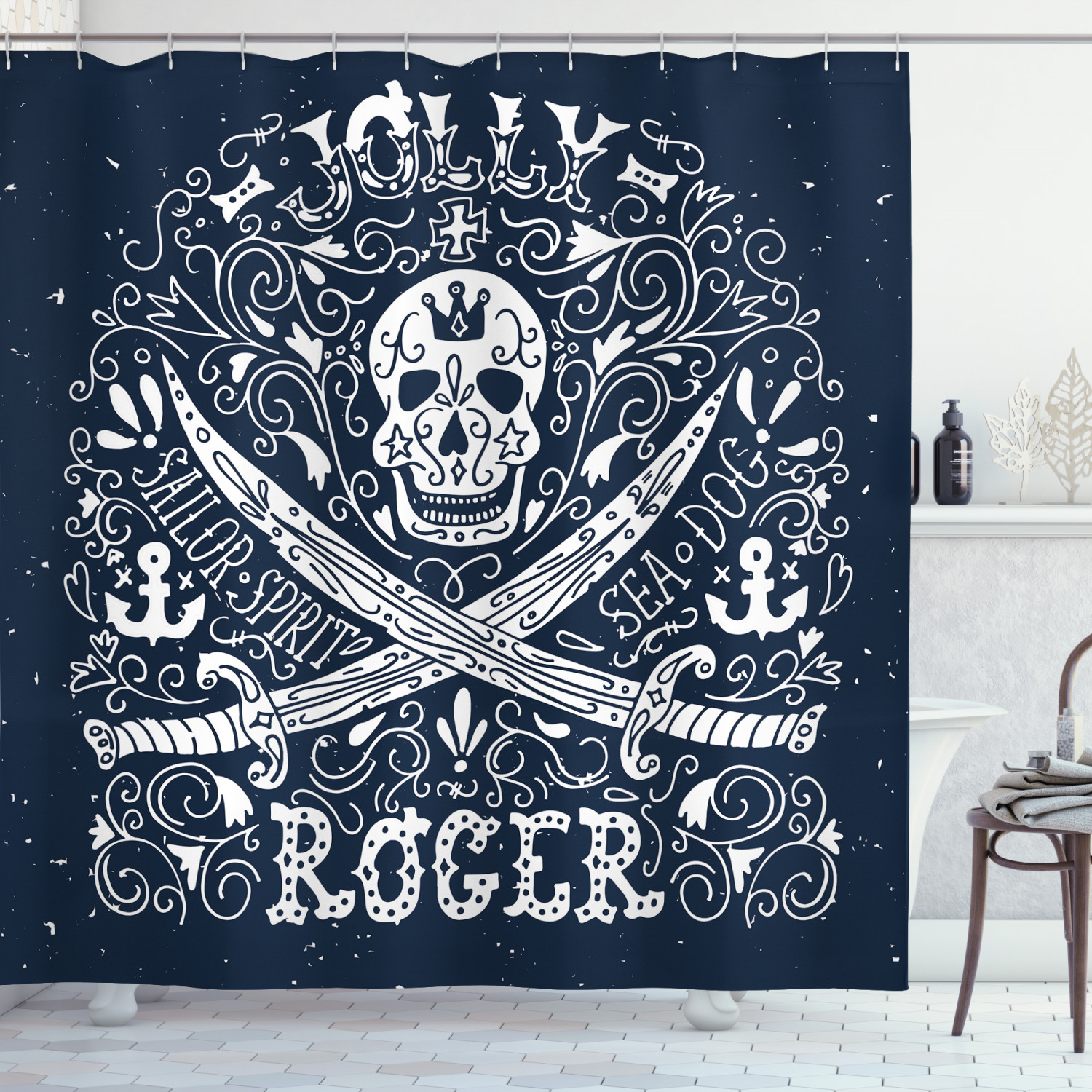 Jolly Roger Flag Print Skull Fabric Shower Curtain - Nautical Skull Bathroom Decor