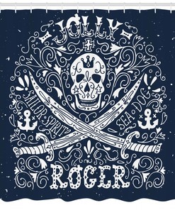 Jolly Roger Flag Print Skull Fabric Shower Curtain - Nautical Skull Bathroom Decor
