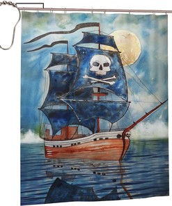Jolly Roger Pirate Ship Shower Curtain - Water-resistant Fabric Bathroom Decor