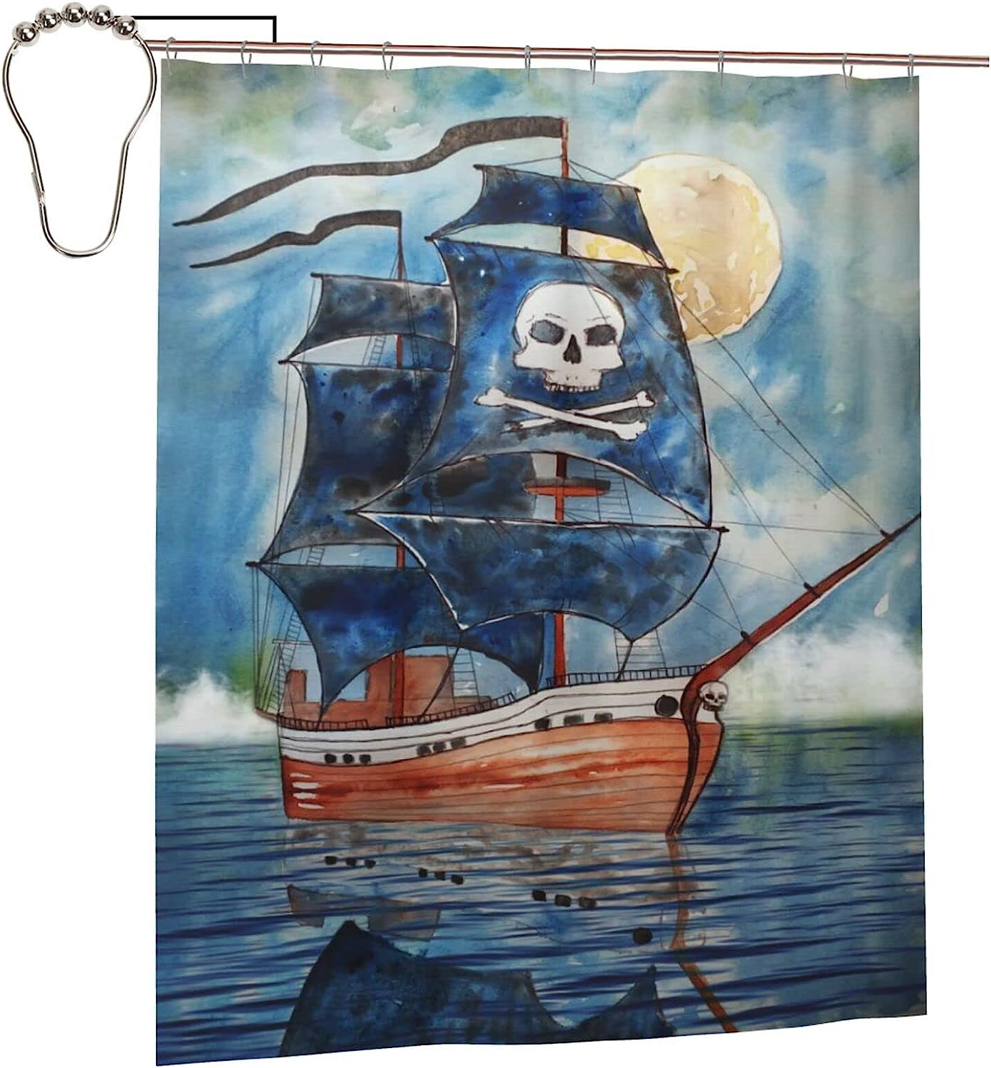 Jolly Roger Pirate Ship Shower Curtain - Water-resistant Fabric Bathroom Decor
