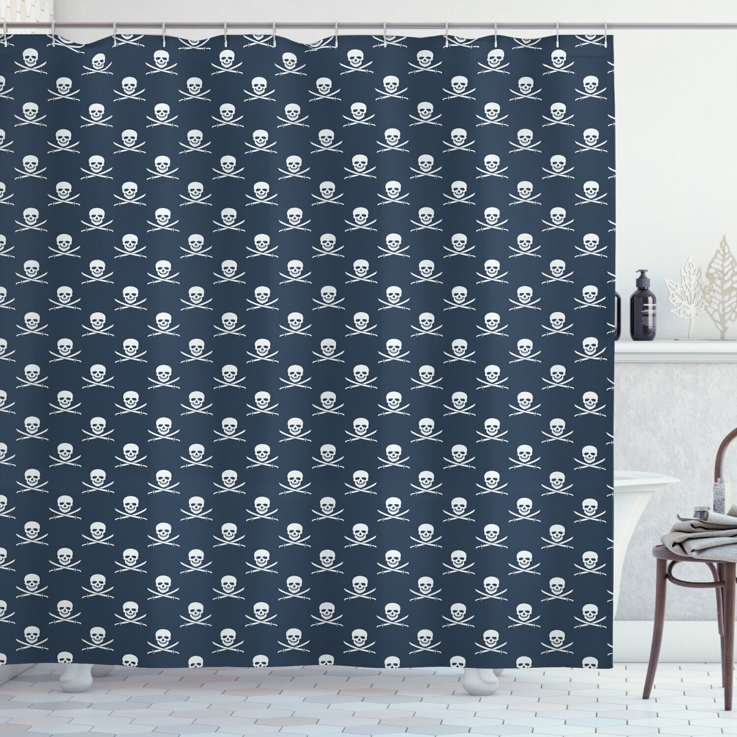 Jolly Roger Pirate Theme Shower Curtain with Pattern and Print