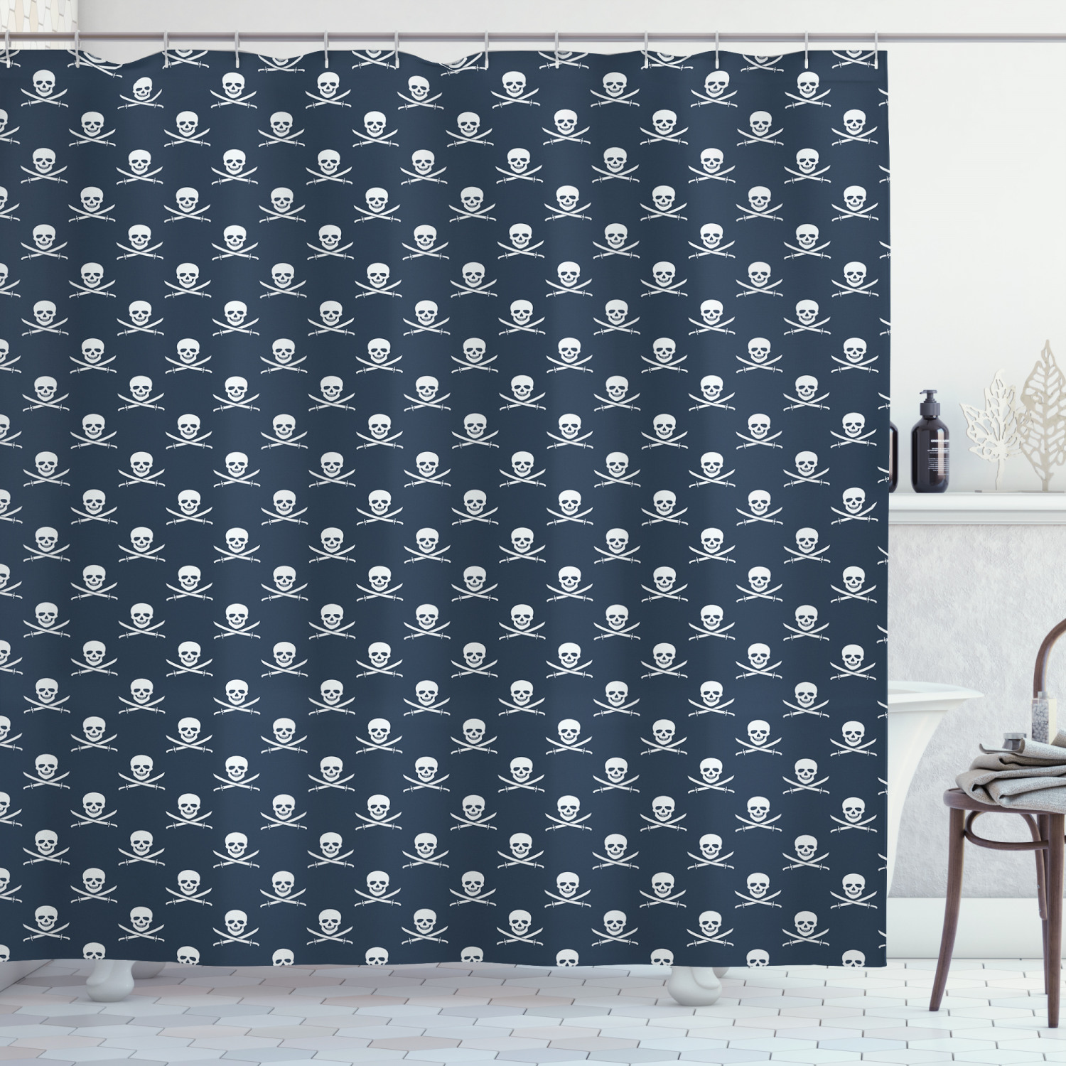 Jolly Roger Pirate Theme Shower Curtain with Pattern and Print